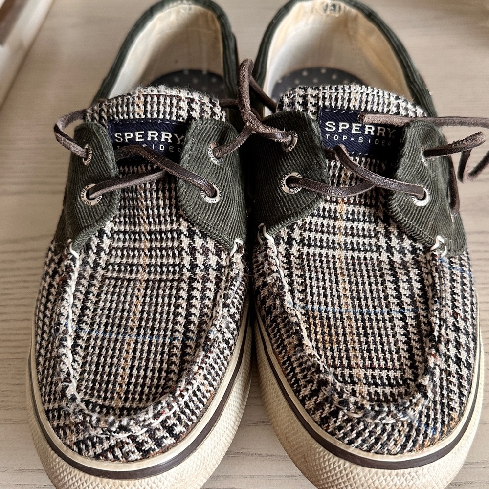 Sperry Houndstooth Boat Shoes with Green Corduroy and Leather Lace Accents